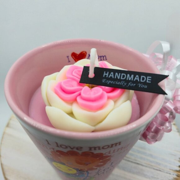 I Love Mom ✦ Ceramic Mug Candle ✦ Pink Rose Wax w/ Affirmation Wrap Handmade NWT - Picture 1 of 9
